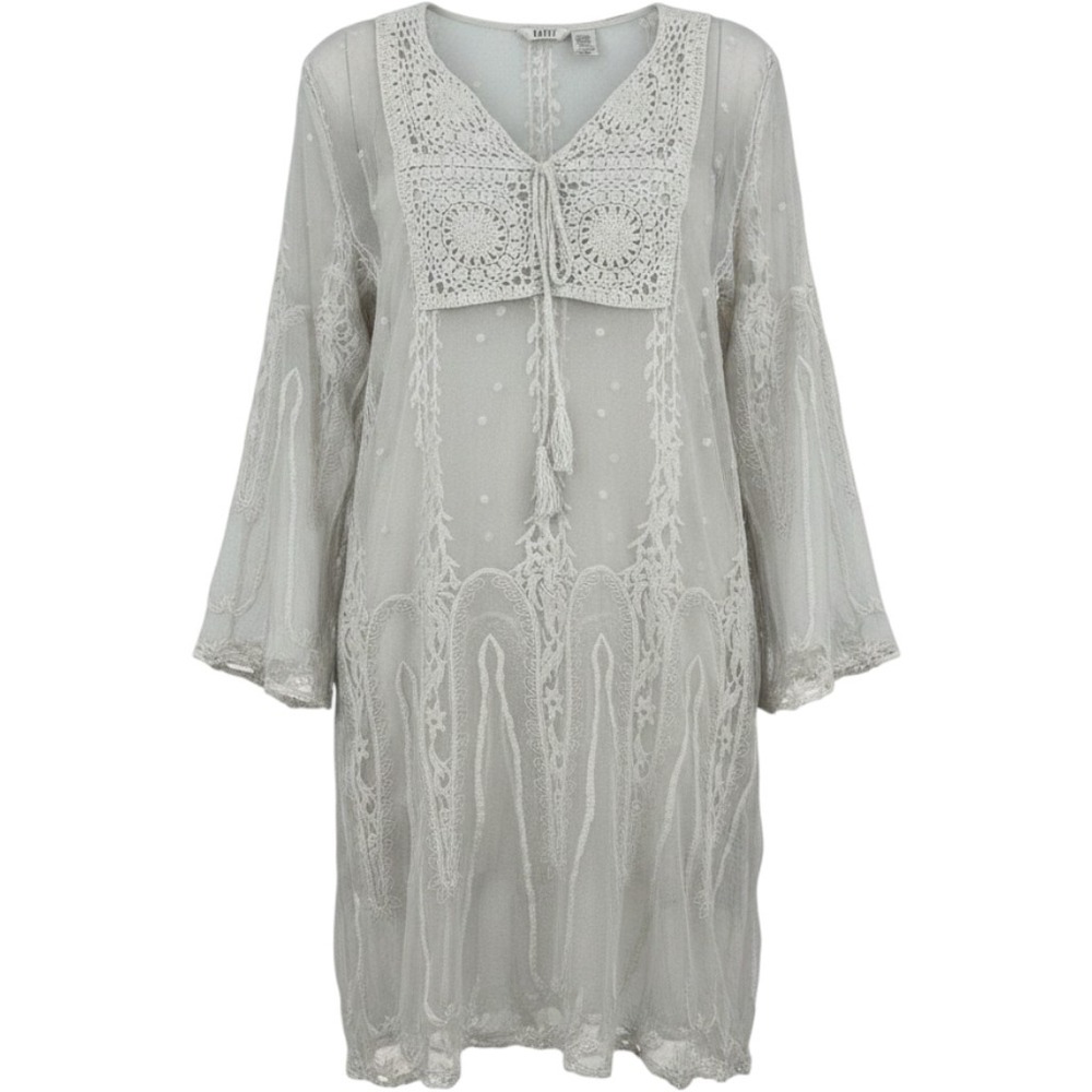 Kaktus Womens Large White Mesh Crochet Lace Embroidered Tunic Top Boho Cover Up